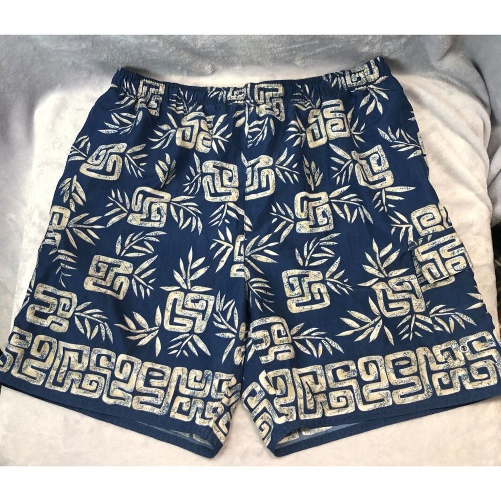 NATURALIFE Mens M Tribal Tropical Print Swim Trunks Board Shorts Blue Tropical